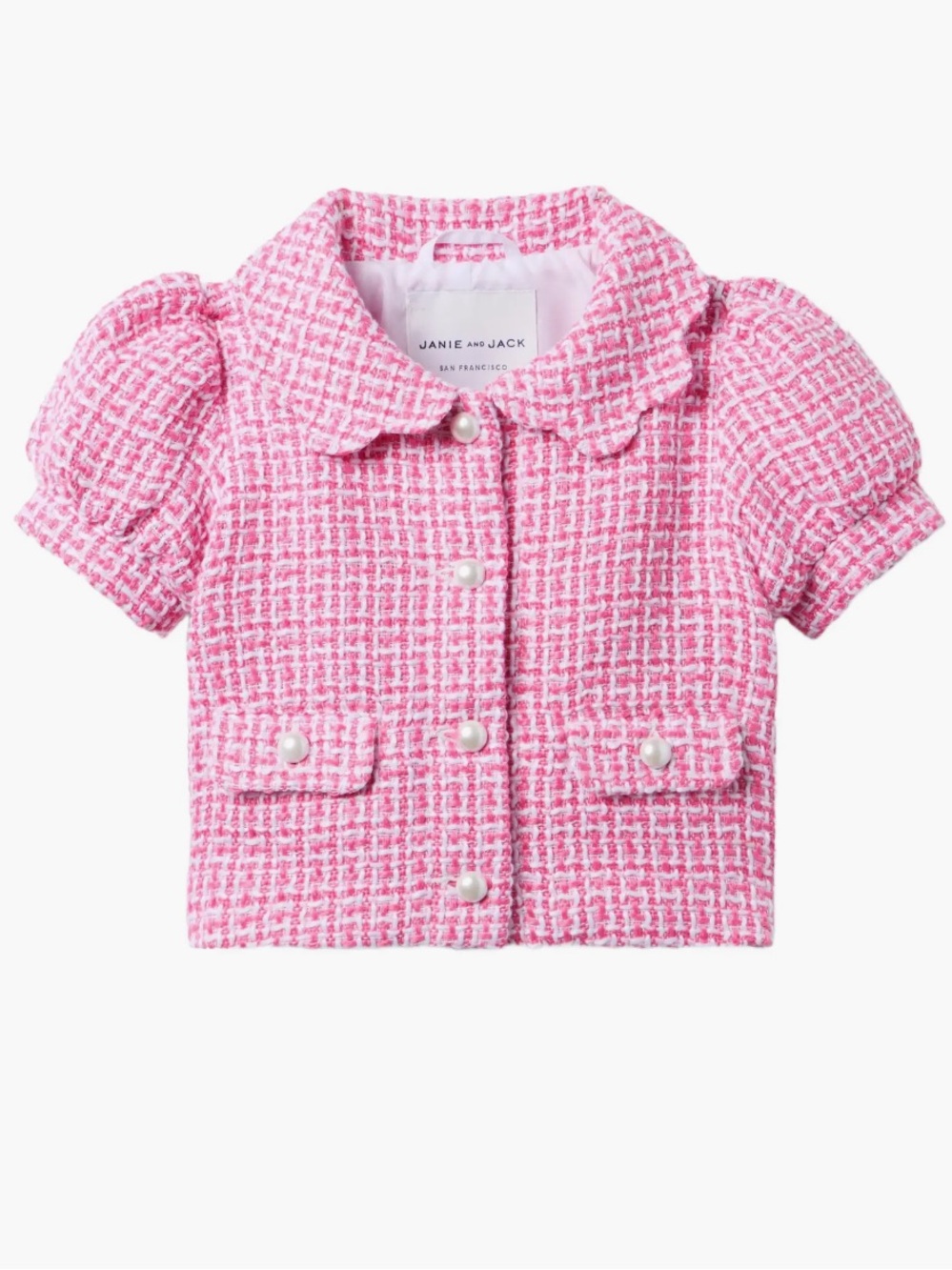 Janie & Jack Girls Infant Toddler Tweed Jacket Short Sleeve Pearl Buttons Pink
